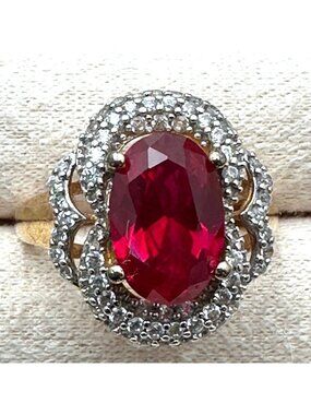 Vintage Red Ruby Diamond Ring Gold Plated Sterling Silver Size 8